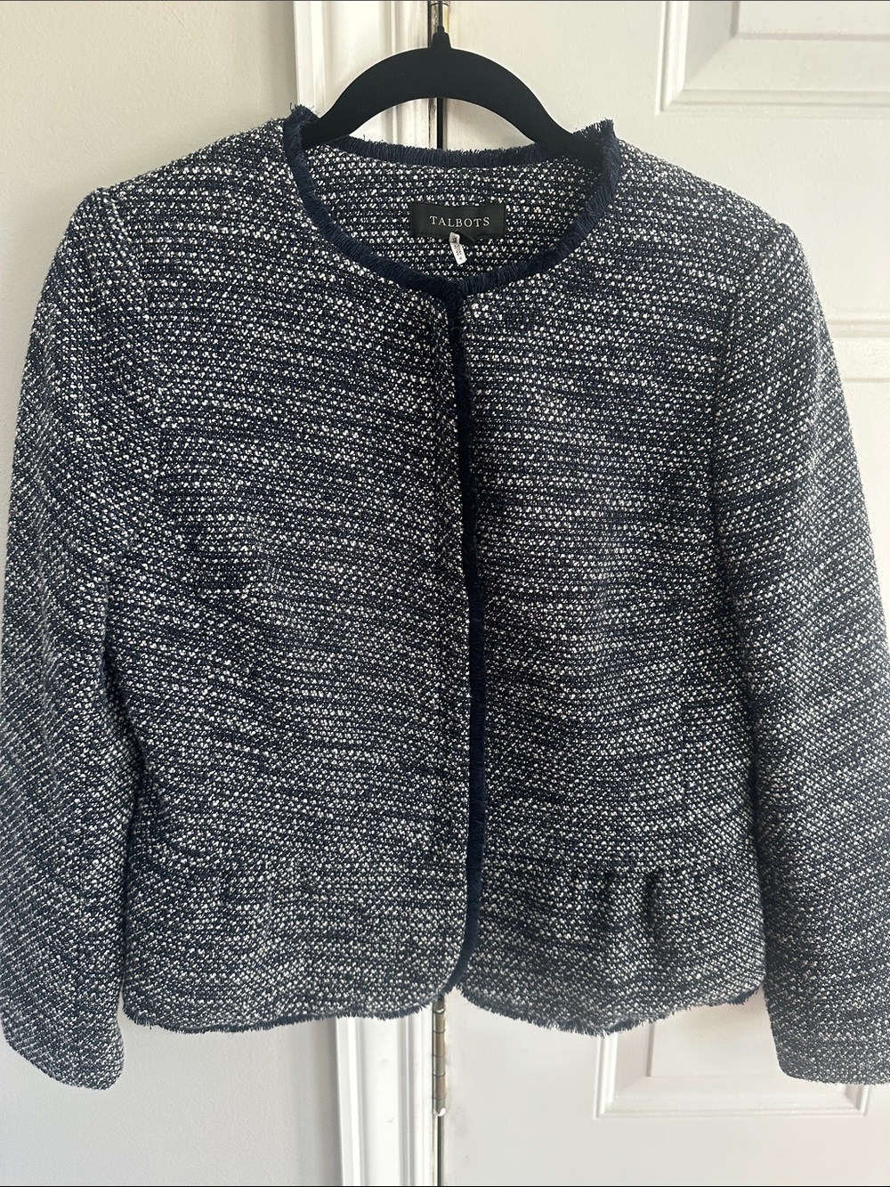 Talbots Navy & White Tweed Peplum Collarless Blazer